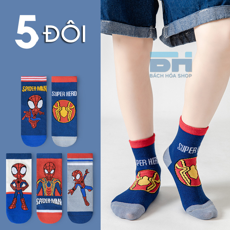 Combo 5 Đôi Tất, Vớ và 1 Đôi gang tay Siêu Nhân Nhện BH Kids,100% Cotton,Thoáng Khí,Kháng Khuẩn, Cho Bé 3-10 Tuổi-BHS65