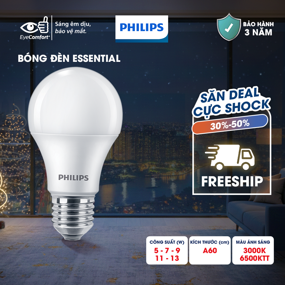 Combo 3 bóng Philips LED bulb Essential E27 11W ánh sáng trăng 6500K
