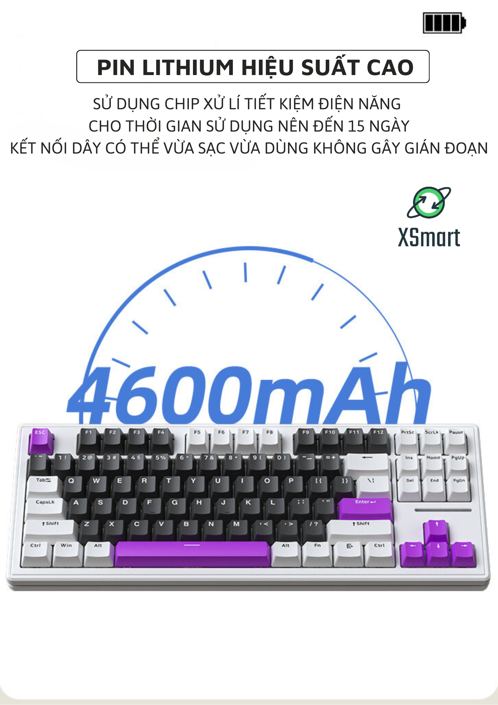 Bàn Phím Cơ Gaming Không Dây Bluetooth XM87 LED RGB Pro Keycap Xịn, White Switch, Hotswap, 3 Mode-Hàng Chính Hãng