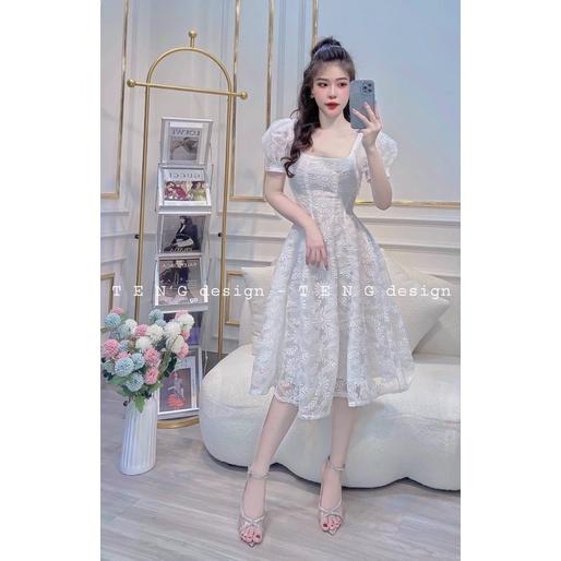 VÁY HOA REN XOÈ DÀI TAY BỒNG CỔ VUÔNG