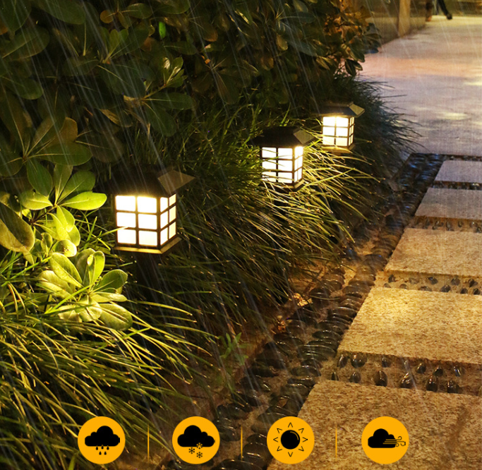 Đèn trang trí năng lượng mặt trời thân bằng nhựa ABS, căm xuống đất, tháp led hình chữ nhật, ánh sáng vàng