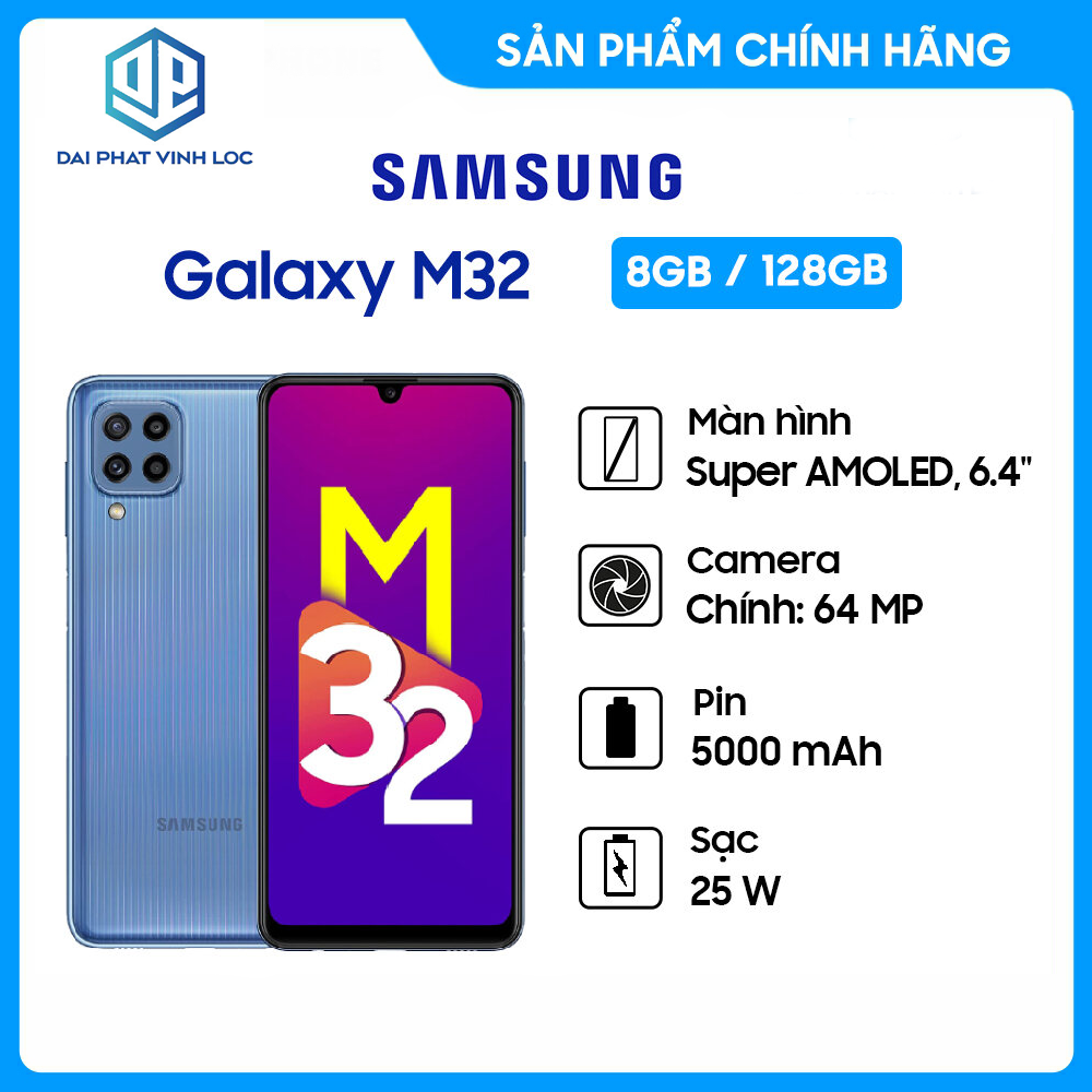 Điện thoại Samsung Galaxy M32 (8GB/128GB) - Hàng Chính Hãng, Mới 100%, Nguyên Seal - Màn Hình 6.4 inches - 4 camera sau - Bảo Hành 12 Tháng