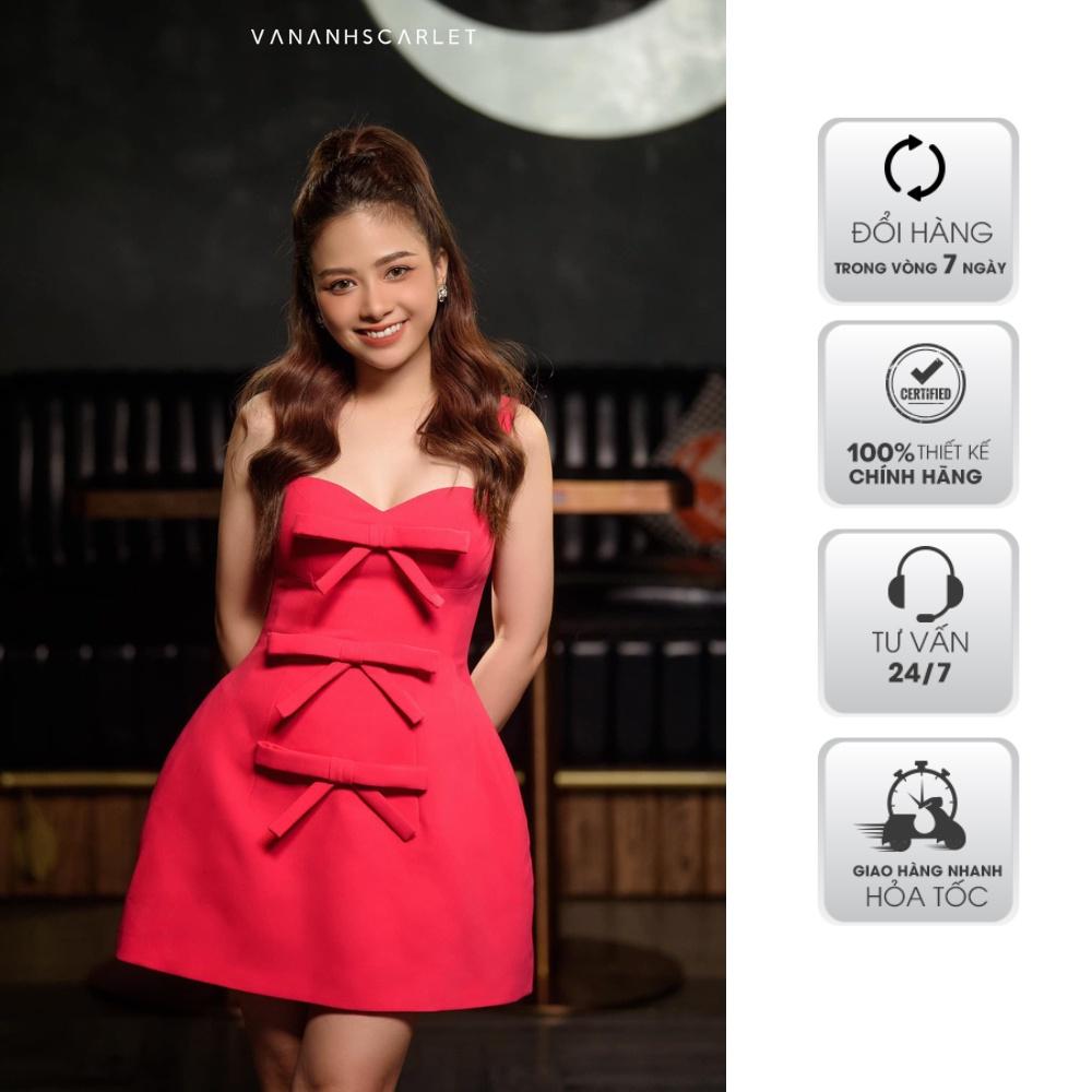 Đầm nữ VANANHSCARLET hai dây đính nơ dáng ngắn V095S22