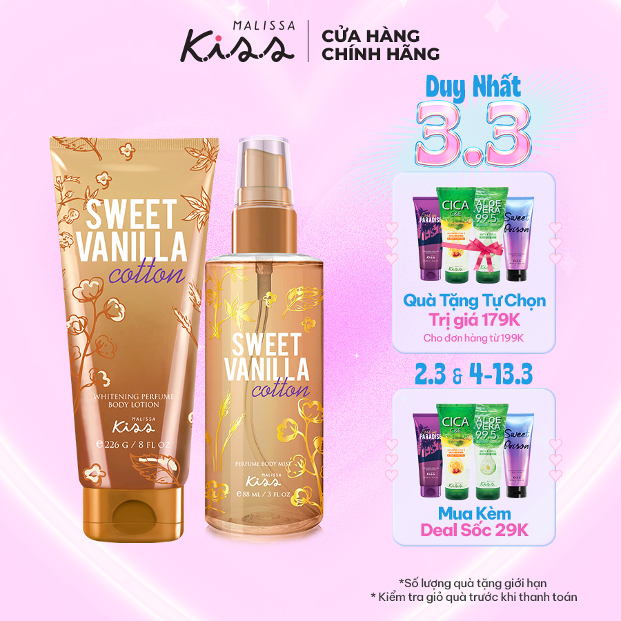 Bộ Đôi Hoàn Hảo Malissa Kiss Body Lotion &amp; Body Mist hương Sweet Vanilla 226G