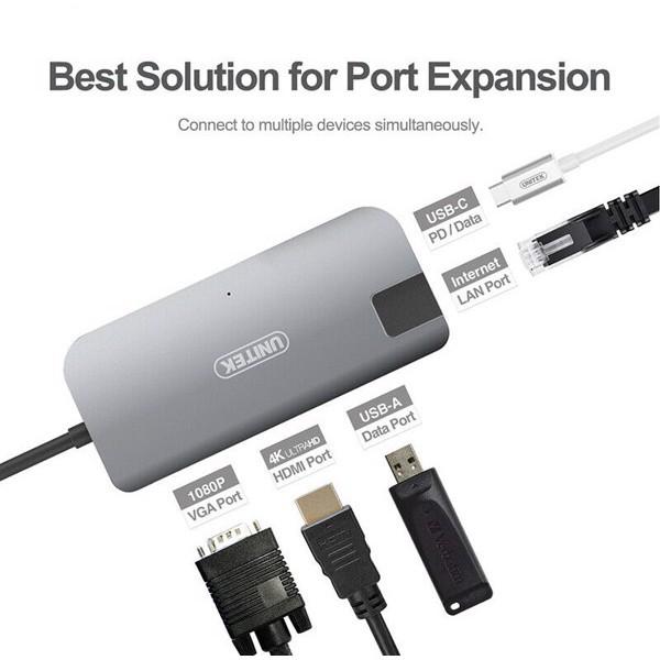 Bộ chia/ Hub Type-C - HDMI +VGA+LAN Unitek Y-DK 09016 GY - HÀNG CHÍNH HÃNG