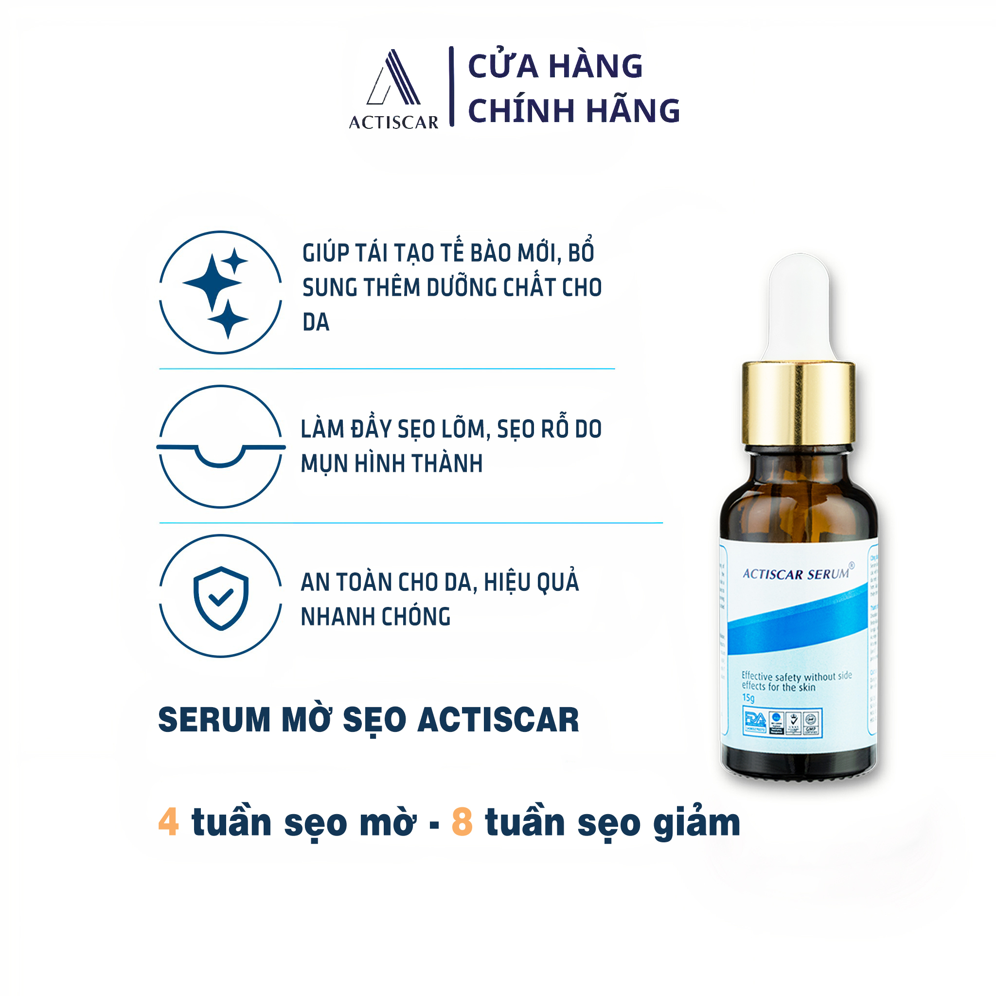 Hỗ Trợ Trị Sẹo Actiscar gồm Kem + Serum + viên uống làm mờ sẹo Lồi, Lõm , Rỗ Thâm