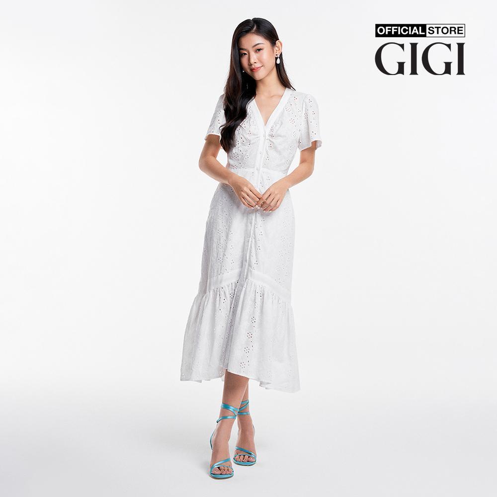 GIGI - Đầm xếp tầng midi cổ V tay ngắn phối nút hiện đại G2102D233185