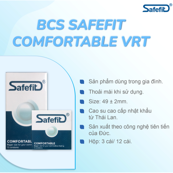 Bao cao su siêu mỏng Safefit Comfortable size 52mm - hộp 12 chiếc