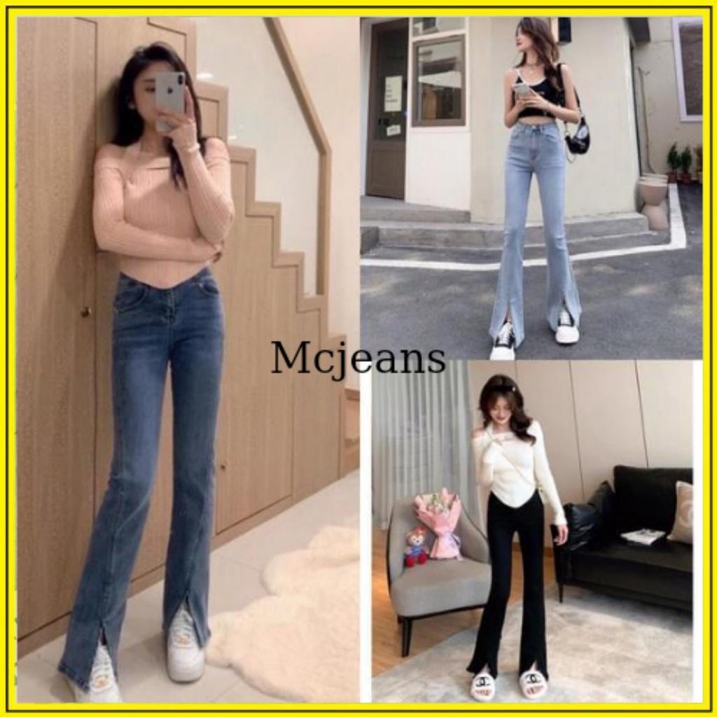 Quần jeans nữ loe xẻ gấu 3 màu hack dáng cạp cao co dãn