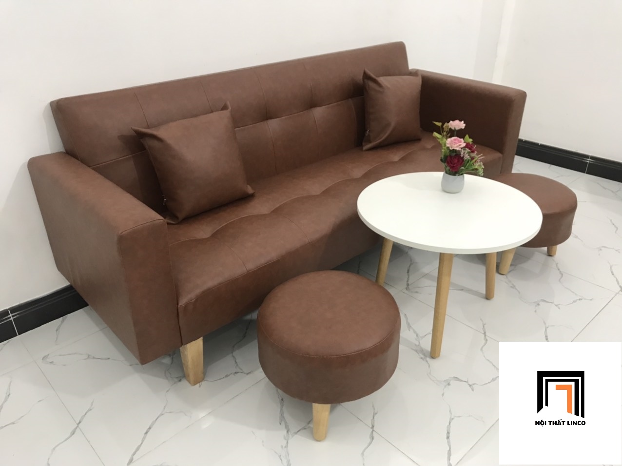 Bộ ghế sofa phòng khách TV simili giả da màu nâu nhiều kích cỡ