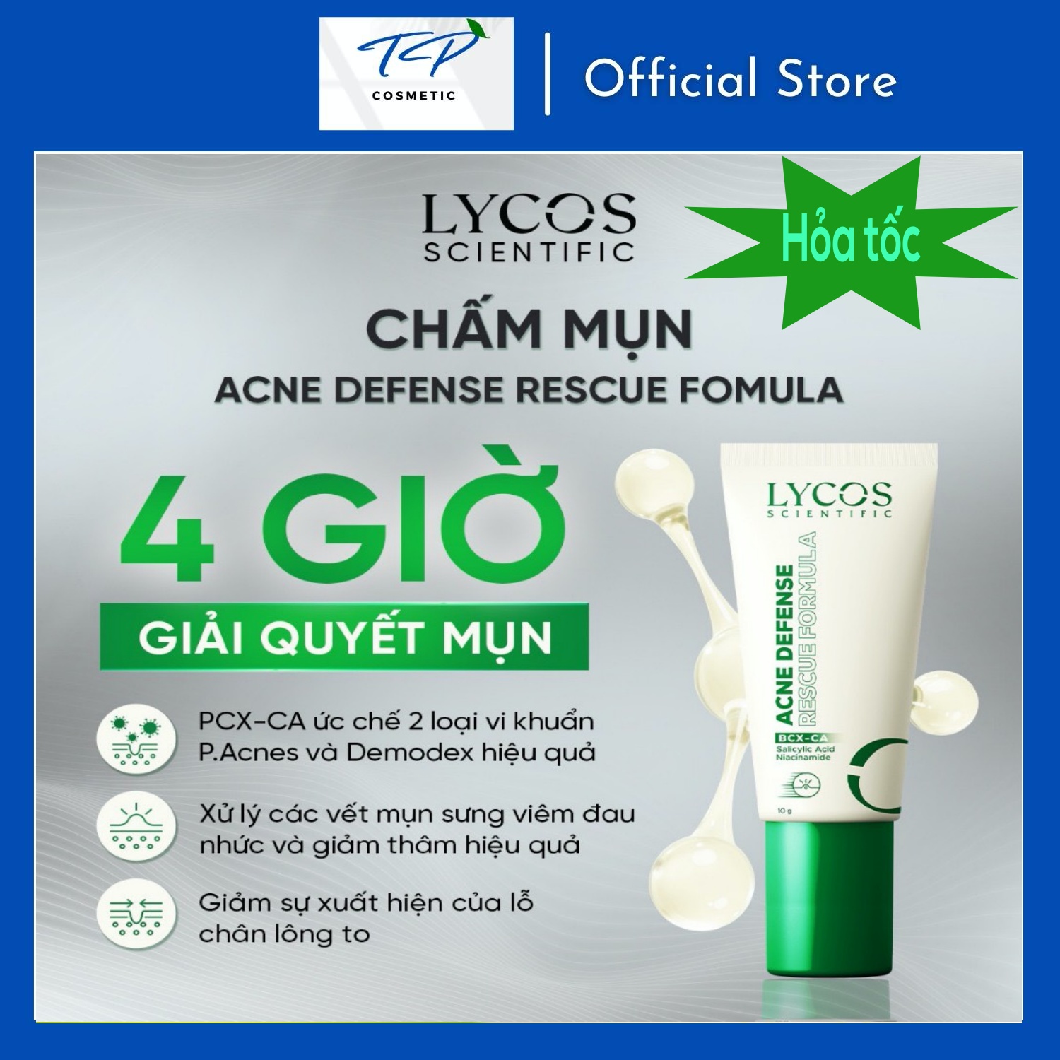 Kem Chấm Mụn 4H Lycos - Kem Mụn ACNE DEFENSE RESCUE FORMULA LYCOS 10G : Giảm Sưng Viêm, Kháng Khuẩn &amp; Gom Cồi Acne Defense Rescue Formula Lycos – 10g