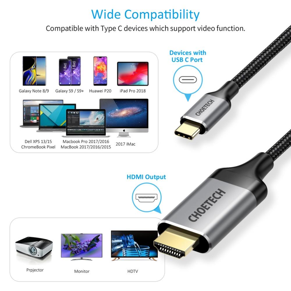 Cáp Chuyển Type C Sang HDMI 4K dài 1.8M Choetech CH0021 (Hàng chính hãng)