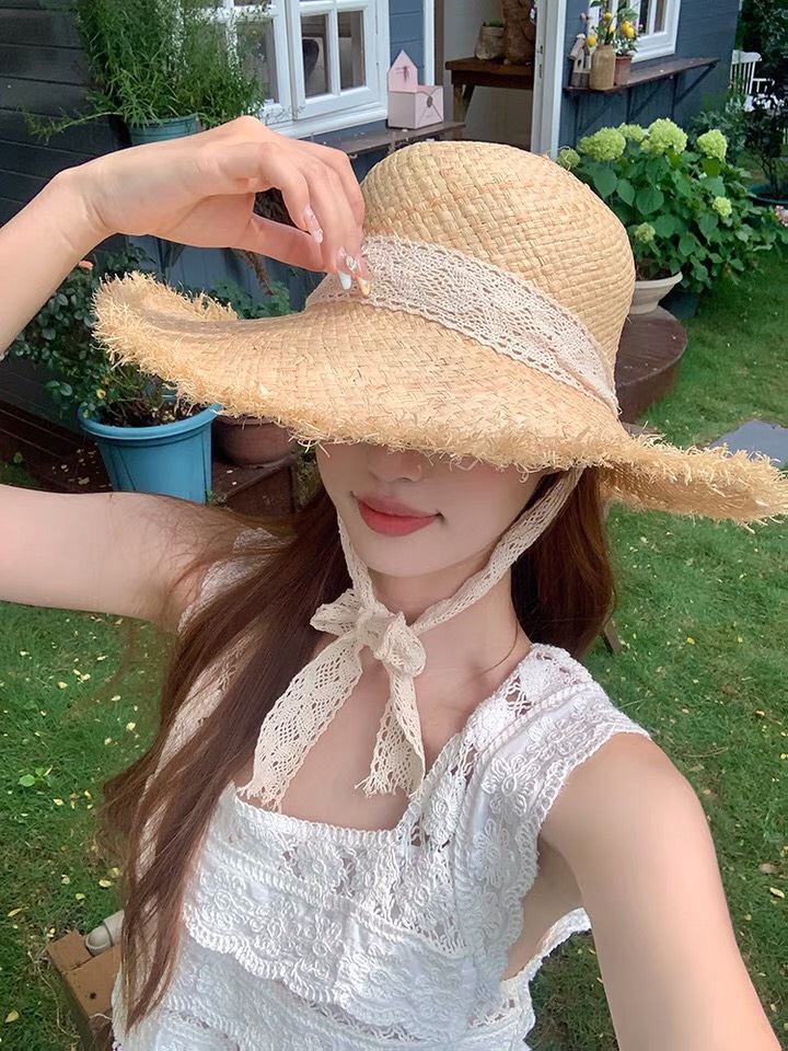 Nón cói rơm dây nơ ren vành xước vintage