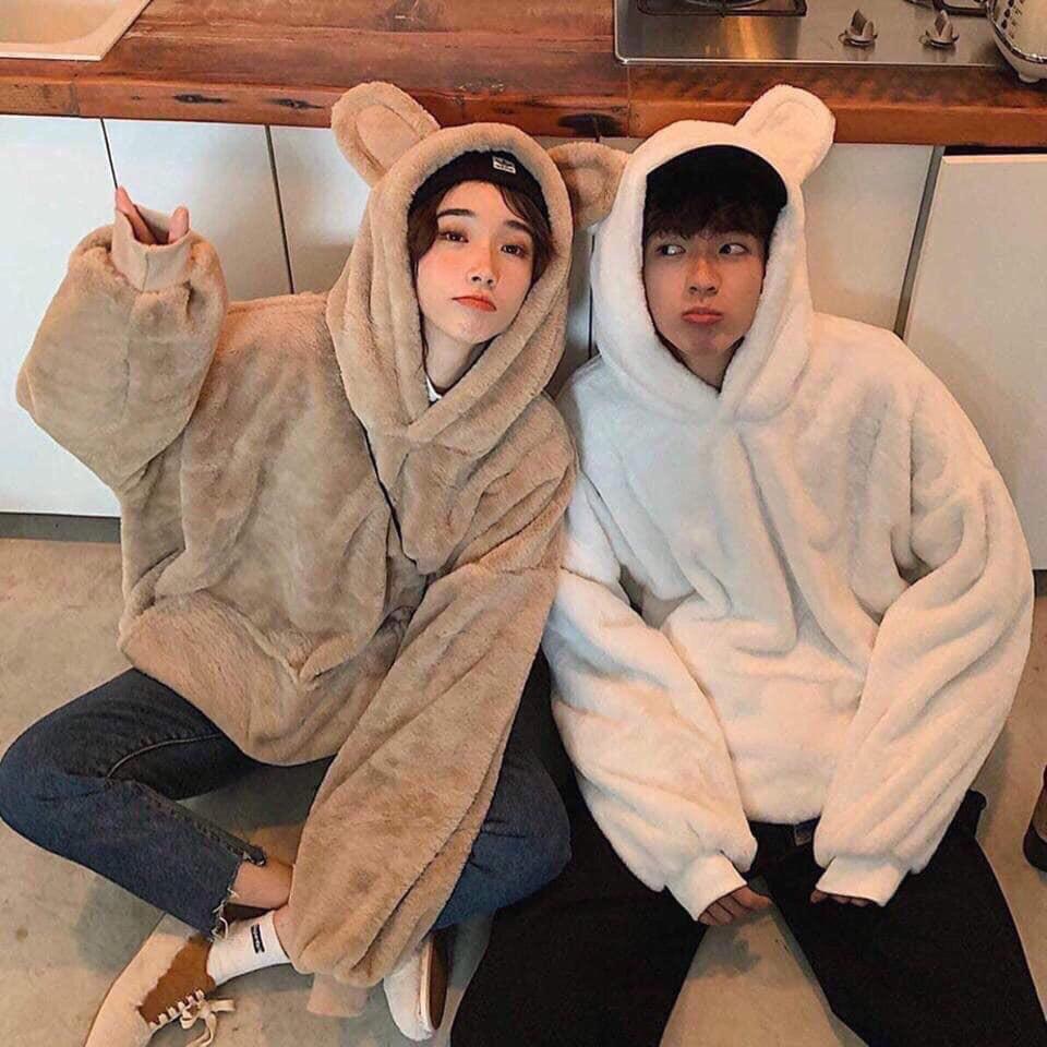 Áo Hoodie Nỉ Lông Dáng Rộng Tai Gấu Freesize đáng yêu tay dài