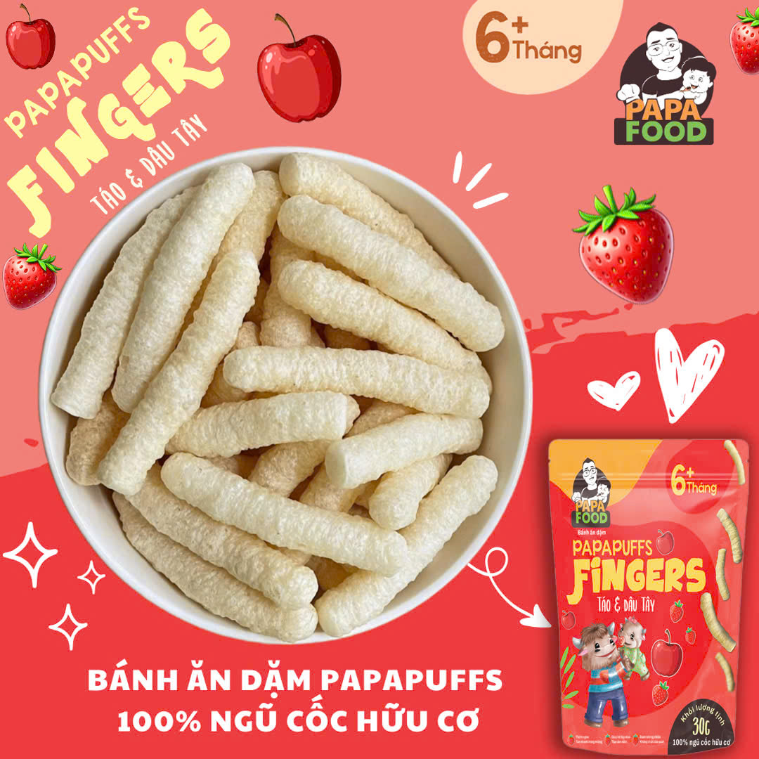 Bánh ăn dặm PAPAFOOD PAPAPUFFS Vị Táo &amp; Dâu Tây - 100% Ngũ Cố Hữu Cơ - Gói 30G