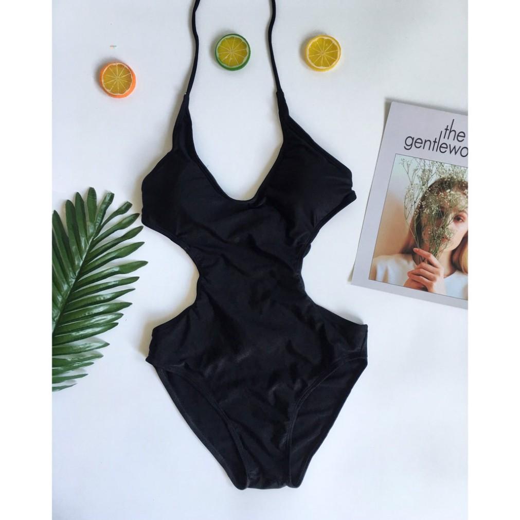 freeship  Bikini đen liền thân cut-out cổ V