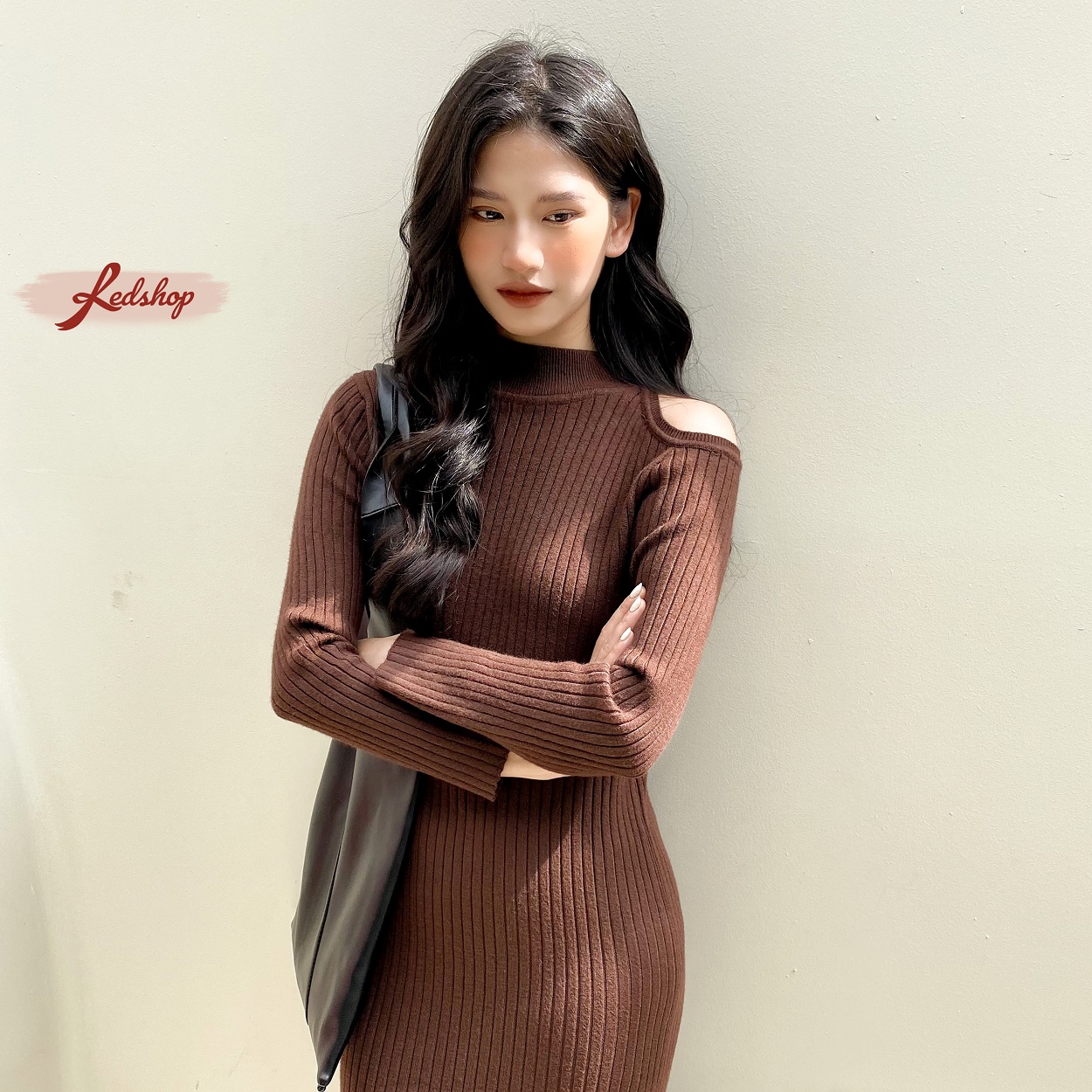 Váy len suông dài xẻ váy, khoét vai lệch vai phong cách Hàn Quốc Red Shop 29985