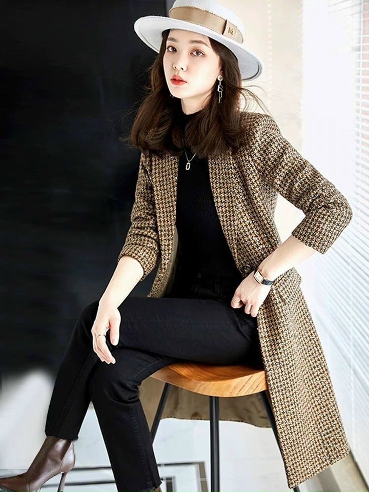 ÁO KHOÁC DẠ KIM SA CỔ VEST DÁNG DÀI CAO CẤP