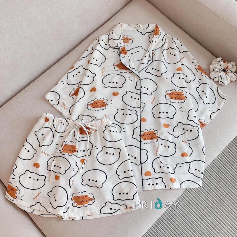 Bộ ngủ Pyjama cộc tay nữ&lt;FREE SIZE&gt;kèm dây buộc tóc ,Bộ Pyjama cộc tay hình cao cấp,bộ ngủ nữ(kèm video ảnh thật)