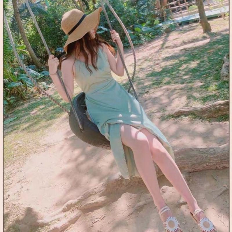 ĐẦM MAXI 2 DÂY CÓ MÚT NGỰC XANH MINT/TRẮNG
