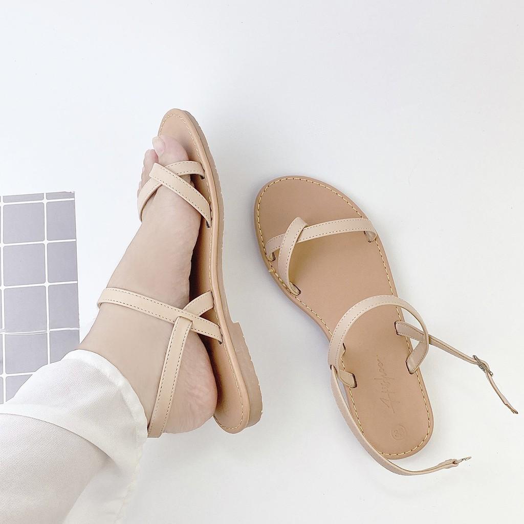 Dép sandal nữ quai dây mảnh đế bệt xỏ ngón thấp 1 cm đi biển thời trang cao cấp Hishoo S059