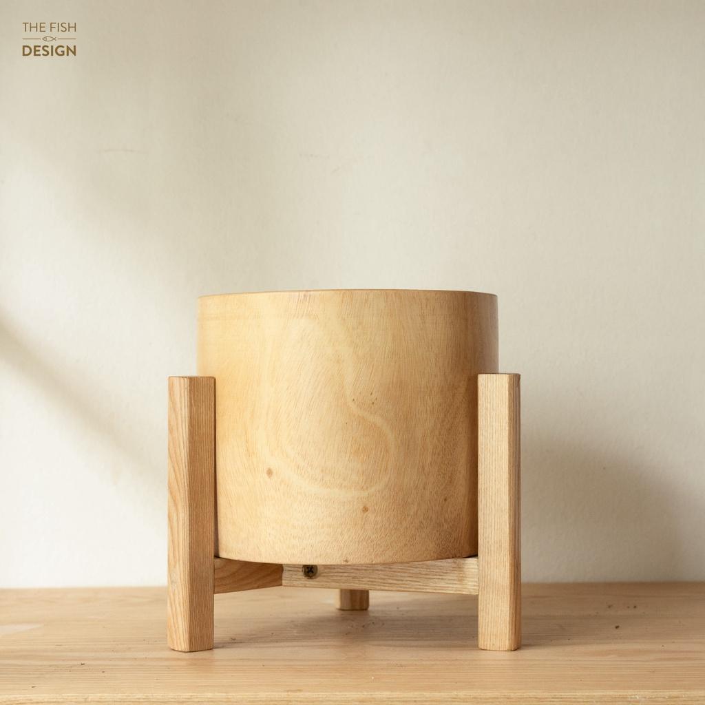 BỘ CHẬU GỖ TRỤ TRÒN VÀ ĐẾ GỖ | THE FISH DESIGN Size LS