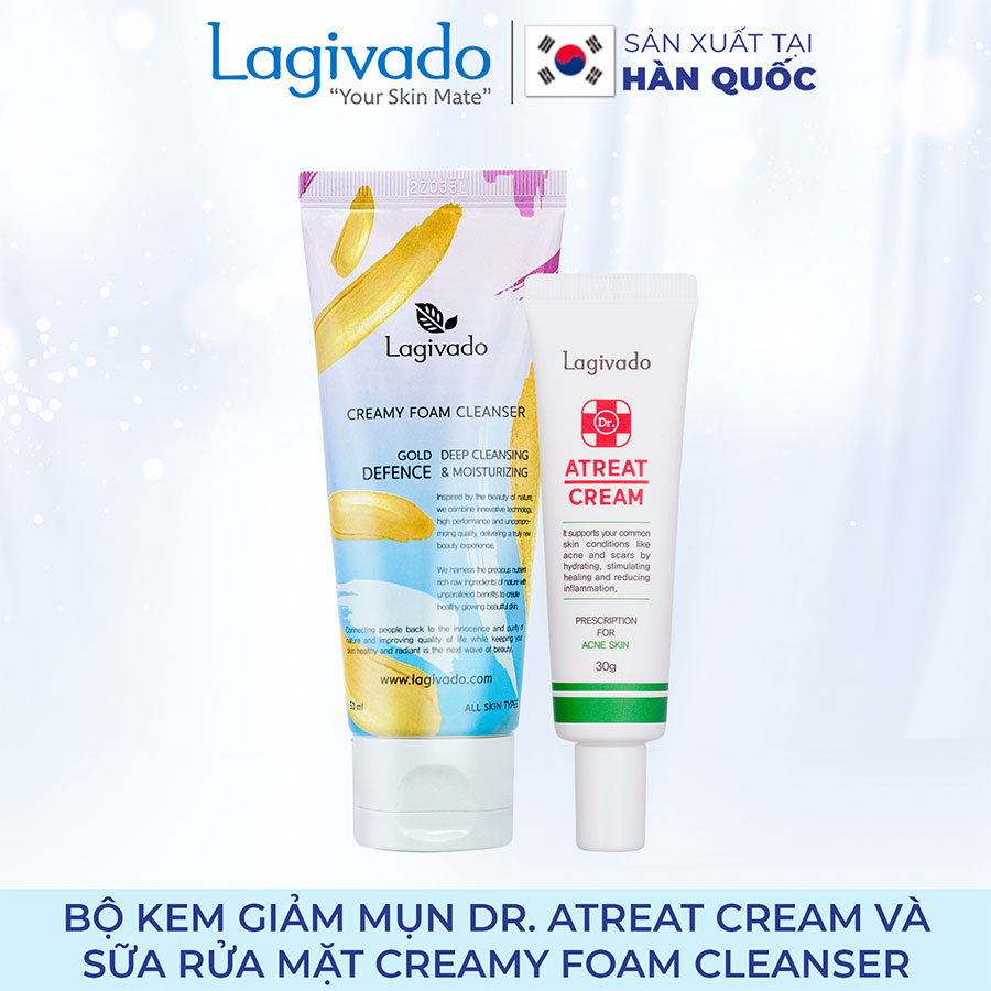 Bộ đôi Kem giảm mụn, ngừa thâm sẹo Hàn Quốc Lagivado Dr. Atreat Cream 30 ml  và sữa rửa mặt Creamy Foam Cleanser 50ml