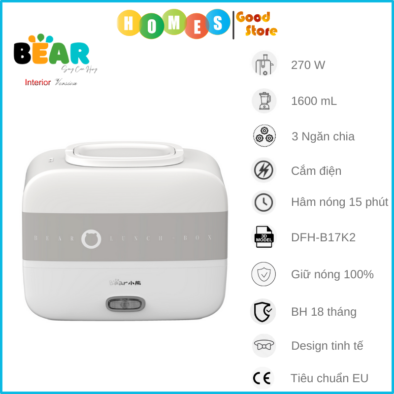 Hộp Cơm Giữ Nhiệt Và Nấu Chín BEAR DFH-B17K2 Dung Tích 1.5 Lít Công Suất 270 W - Hàng Nhập Khẩu