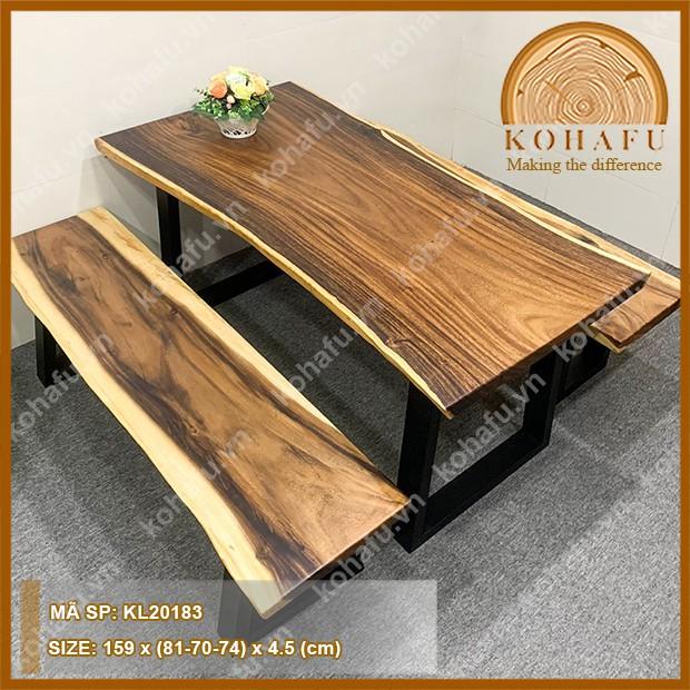 Bộ bàn K3 gỗ me tây nguyên tấm, bàn ăn + 2 băng ghế, mặt gỗ me tây + chân sắt hộp sơn 2k
