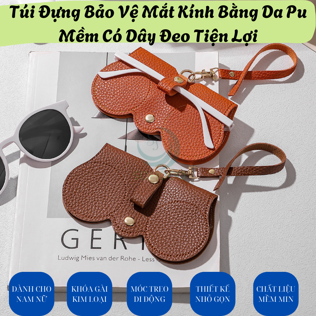 Túi đựng kính, có dây buộc- Túi đựng kính râm da PU 14x7cm