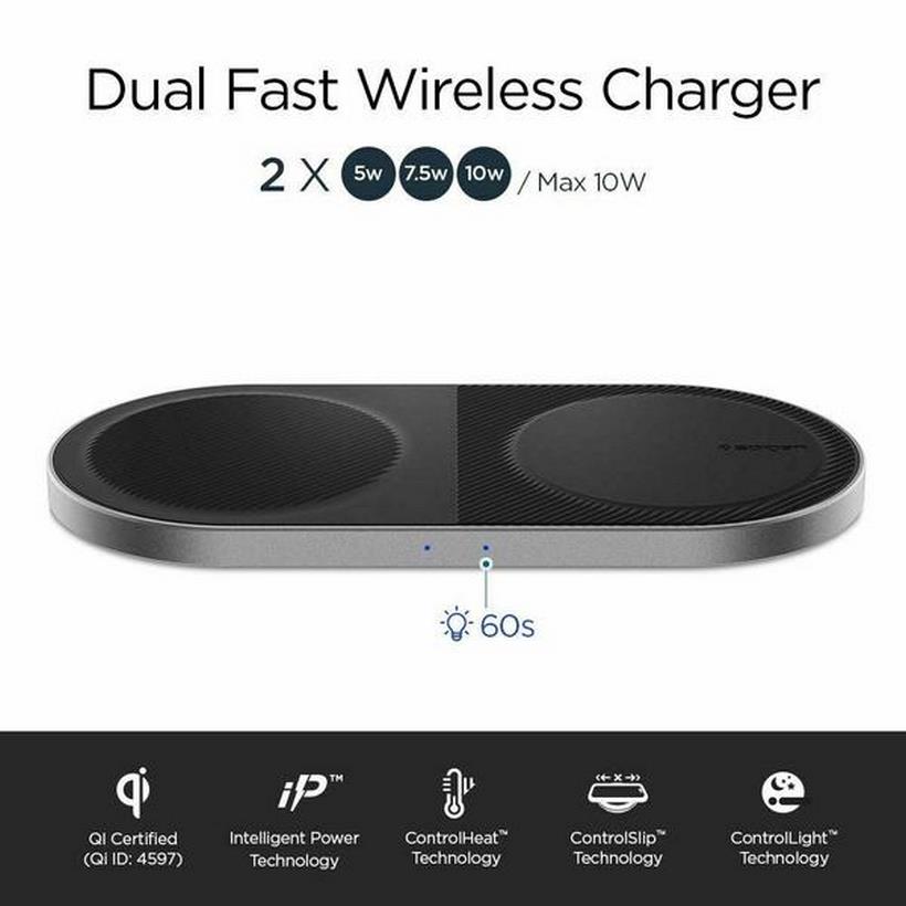 Bộ Sạc Không Dây Spigen Essential F310W Dual Qi Fast Wireless Charger - hàng chính hãng