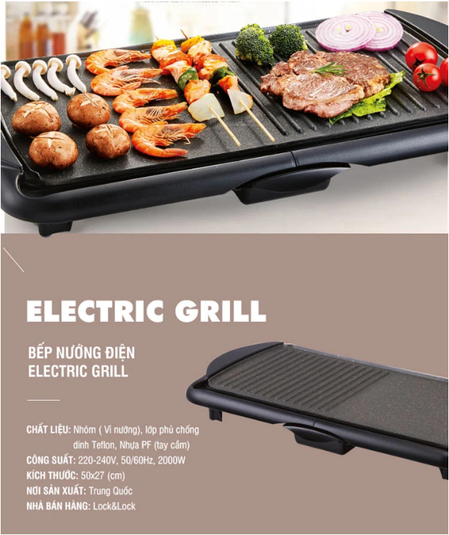Bếp nướng điện LocknLock Electric Grill EJG231, Hàng chính hãng, bề mặt chống dính, 5 mức nhiệt - JoyMall
