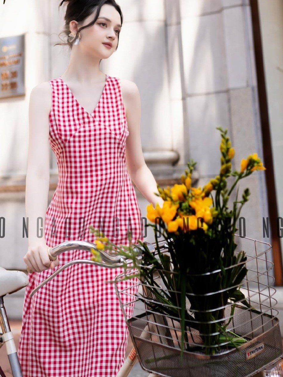 Đầm caro đỏ cổ tim NGADO , đầm nữ , Đầm vintage , Đầm mùa hè , Đầm dạo phố , Đầm xinh , Đầm thiết kế