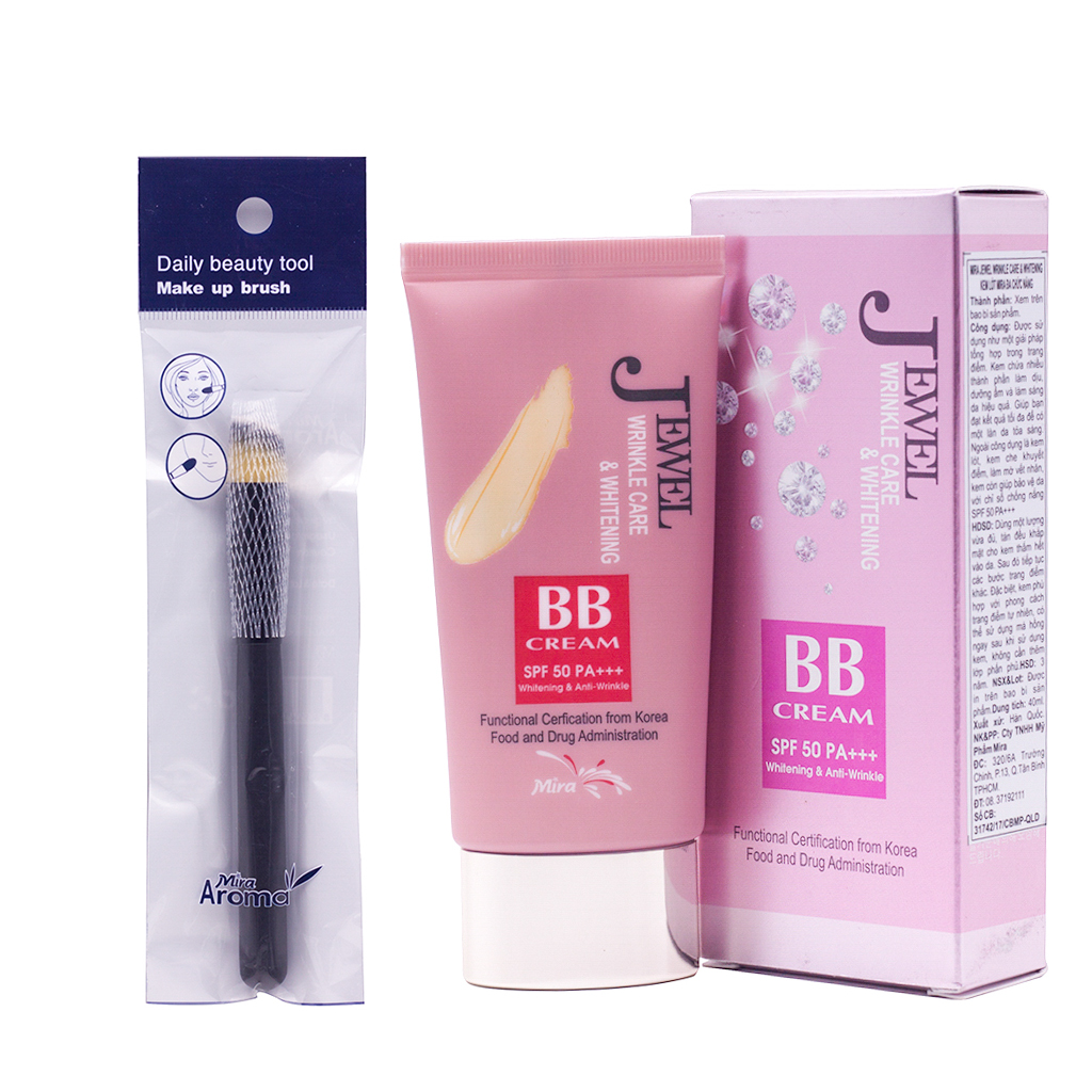 Kem Lót BB Đa Chức Năng Hàn Quốc Mira Jewel Wrinkle Care &amp; Whitening SPF50 PA+++ (40ml) + Tặng Ngay Cọ Tán Kem Nền, Phấn Phủ Chuyên Dụng Thế Hệ Mới Aroma – Hàng Chính Hãng