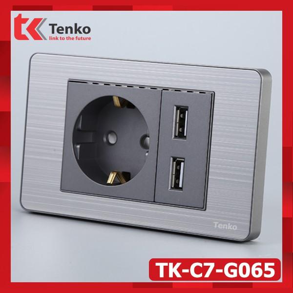 Ổ Cắm Chìm Chuẩn Đức Có USB Bo Viền Màu Xám Âm Tường Mặt Hợp Kim Thương Hiệu Nhật Tenko TK-C7-065