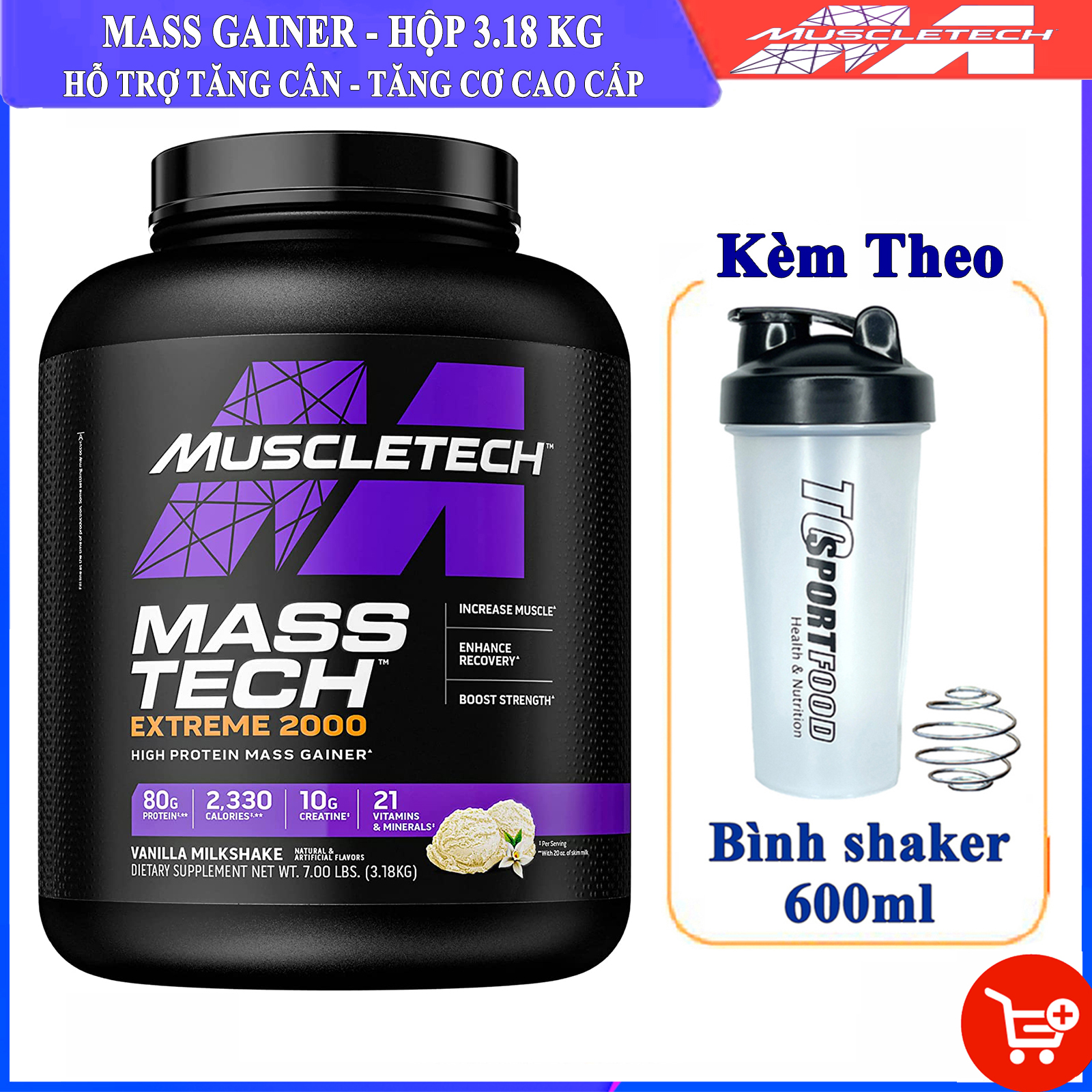 Combo Sữa tăng cân tăng cơ MASS TECH EXTREME 2000 của MuscleTech hỗ trợ tăng cân tăng cơ nhanh cho người gầy kén ăn, khó hấp thu, khó tăng cân &amp; Bình lắc 600 ml (Màu Ngẫu Nhiên