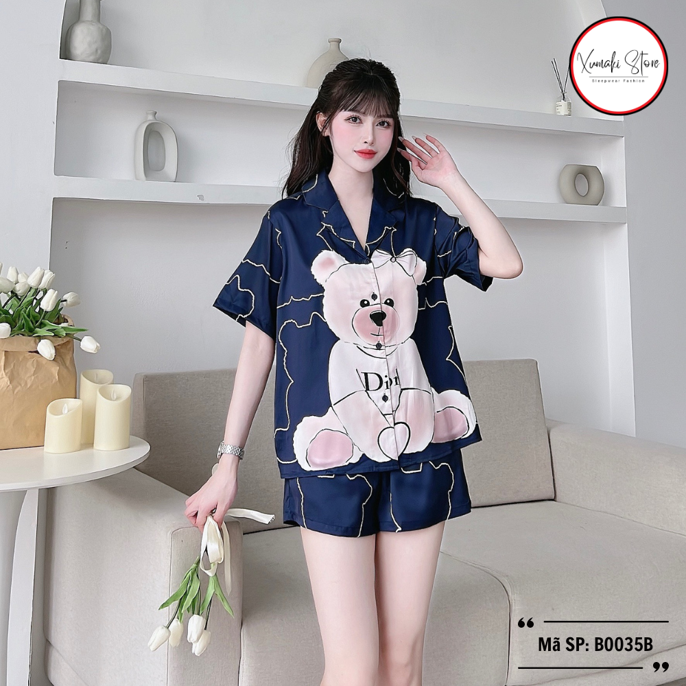 Bộ pijama áo cộc quần đùi hoạ tiết gấu kute 2 màu chất lụa cao cấp Xumaki Store BO035B