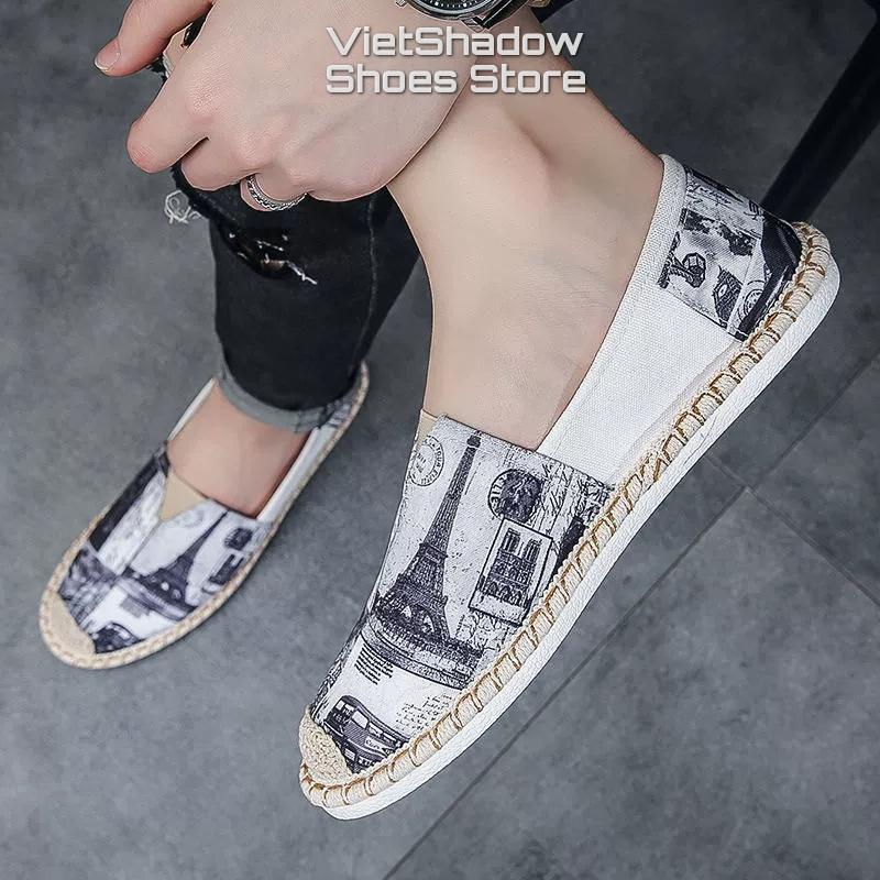 Giày lười vải nam in họa tiết - Slip on nam đế cói - Chất liệu vải bố cotton 2 màu đỏ và xám - Mã 2951