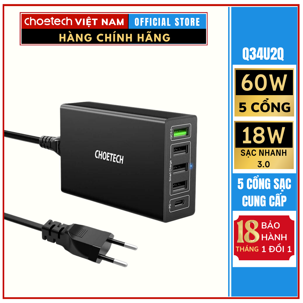 Củ sạc nhanh 5 cổng 60W Với Công Suất 30W Và Sạc Nhanh 18W 3.0 CHOETECH Q34U2Q
