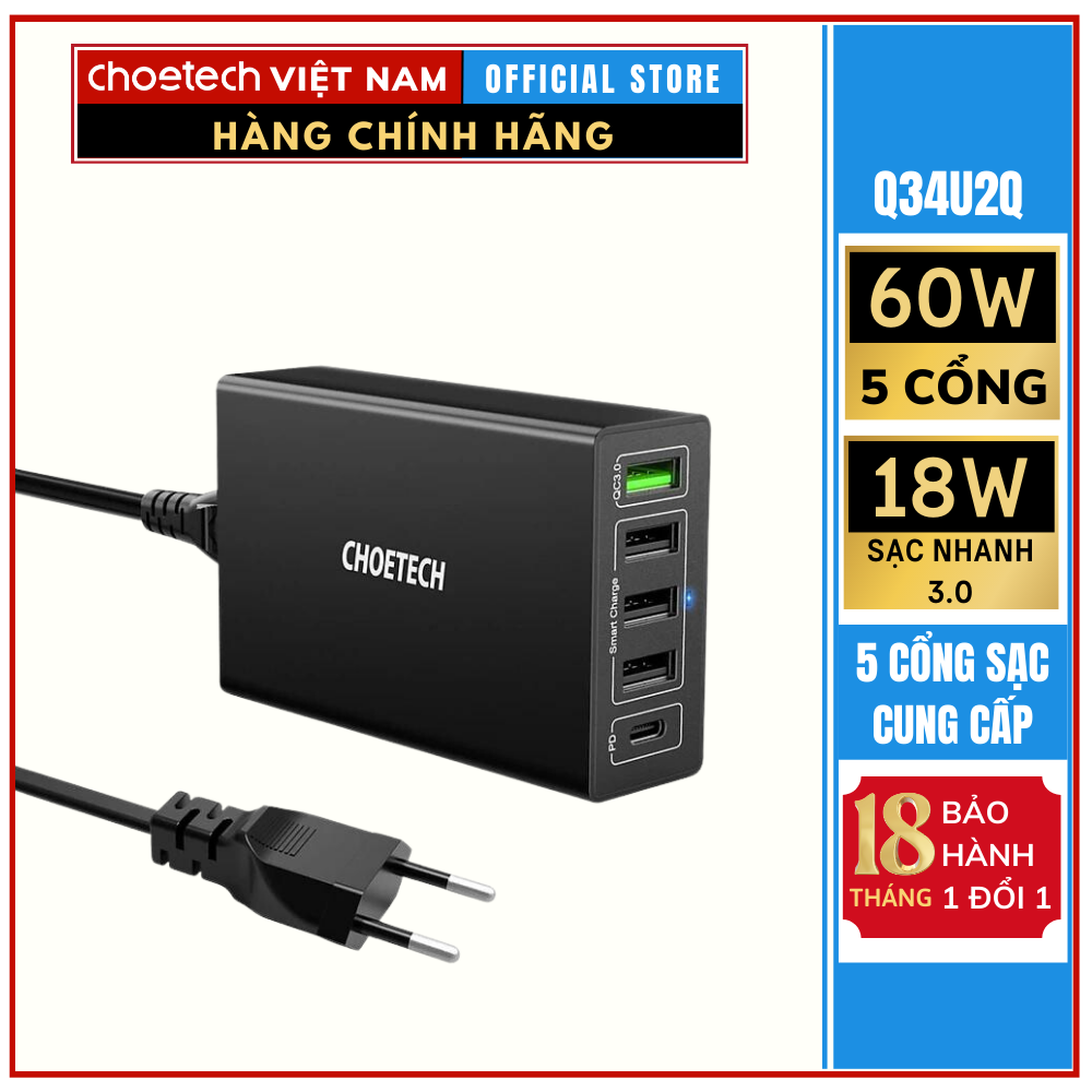 Củ sạc nhanh 5 cổng 60W Với Công Suất 30W Và Sạc Nhanh 18W 3.0 CHOETECH Q34U2Q (HÀNG CHÍNH HÃNG)