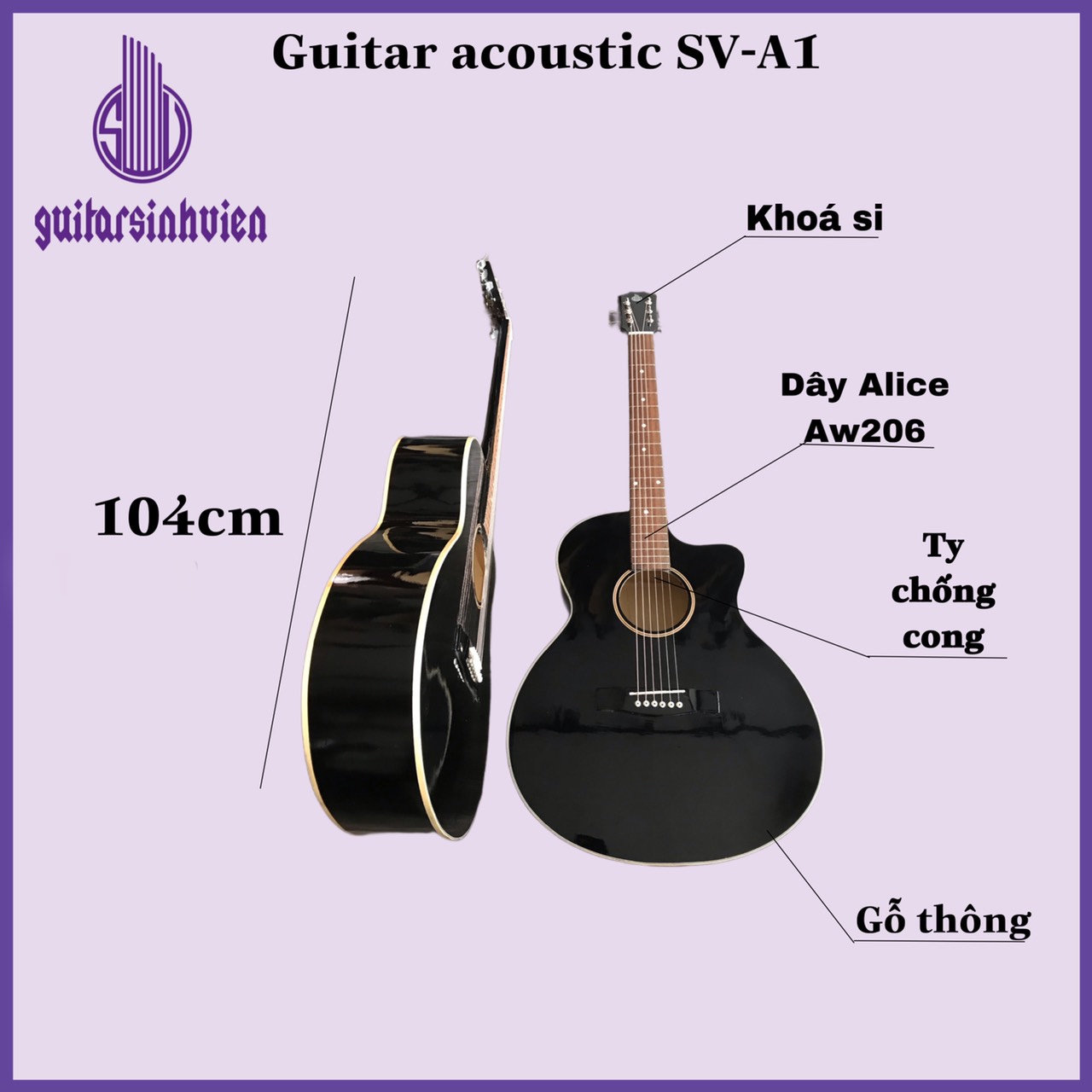 Đàn guitar acoustic có ty màu đen - Mặt gỗ thông nguyên tấm guitar SVA1