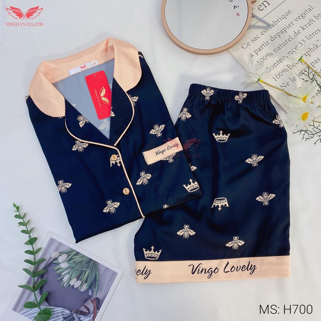 Đồ Bộ Nữ Pijama Mặc Nhà VINGO Lụa Pháp Mềm Mát Tay Cộc Quần Cộc Hoạ Tiết Ong Vàng Nền Đen Sang Chảnh Mùa Hè H700 VNGO