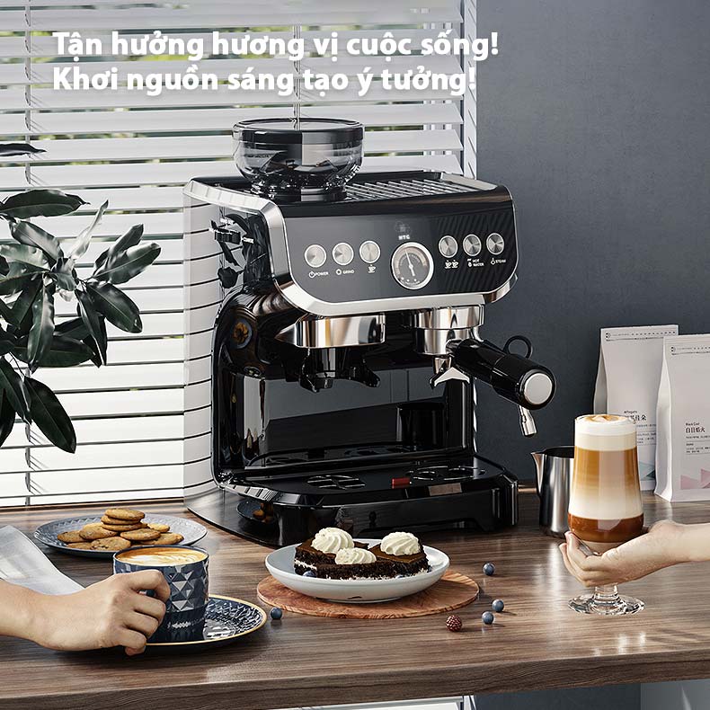 Máy pha cà phê espresso CF07-PLUS tích hợp xay hạt cà phê 20 mức, đánh bọt sữa, pha espresso 20 bar mạnh mẽ, 4 trong 1 tiện lợi, 2 boilers và DIY kiểm soát nhiệt độ 3 cấp, họng pha chuyên nghiệp 58mm