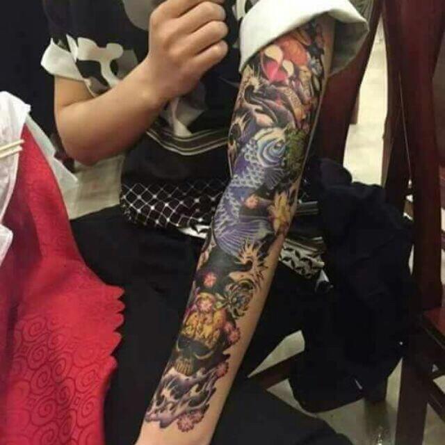 Combo 2 tấm hình xăm dán cá chép và rồng kín tay màu 17x48cm- tặng bắp tay mini 10x20cm