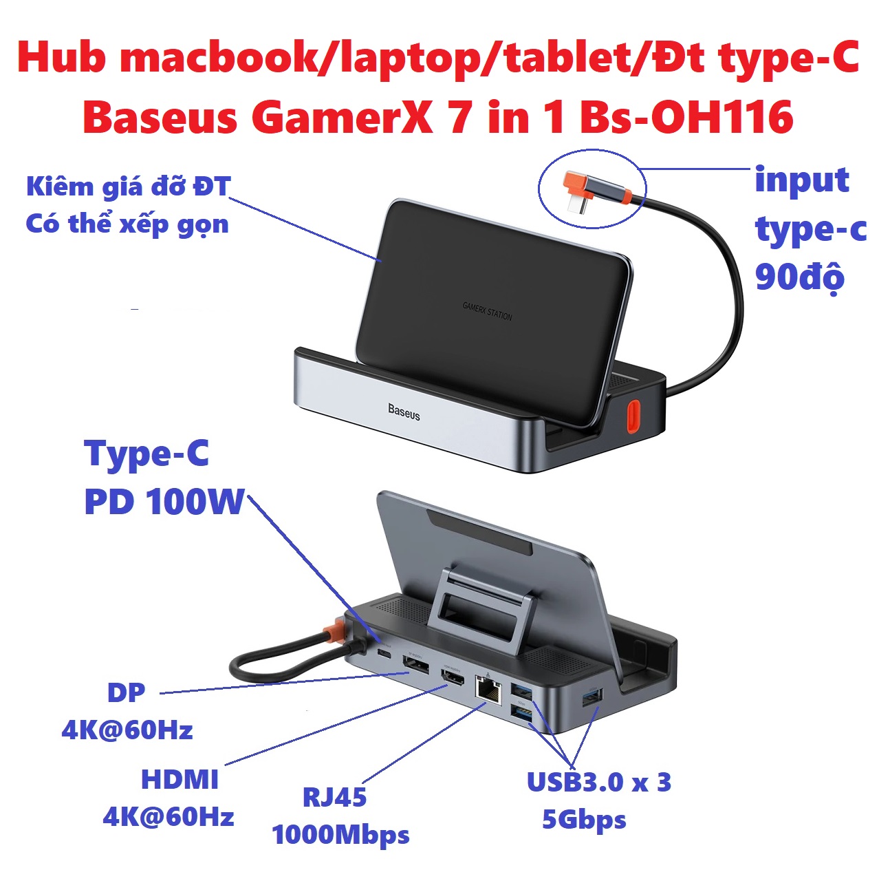 Hub C đa năng mở rộng cổng Macbook và laptop type C ra 7 cổng Baseus GamerX Bs-OH116 _ Hàng chính hãng