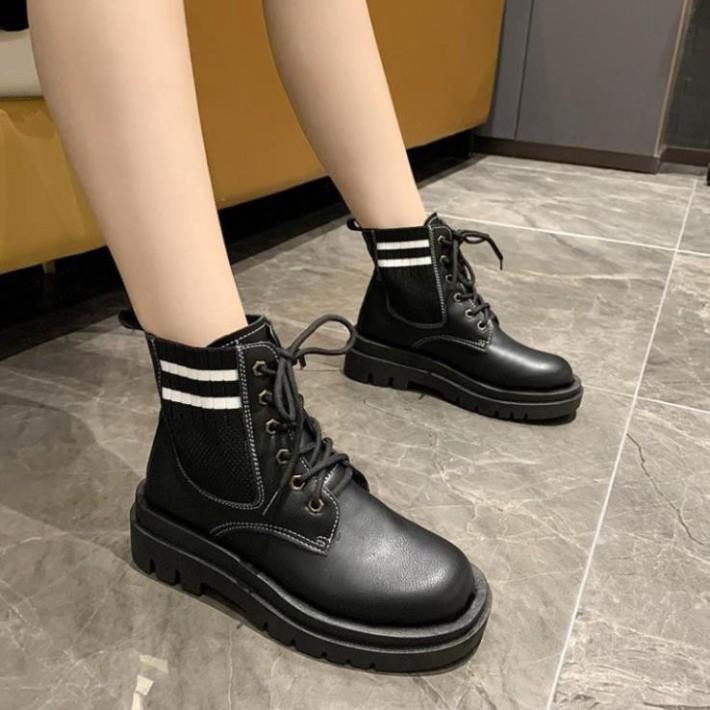Freeship Giày bốt cổ thấp Martin cho nữ, boots cổ thấp có dây màu đen cổ tròn phối len