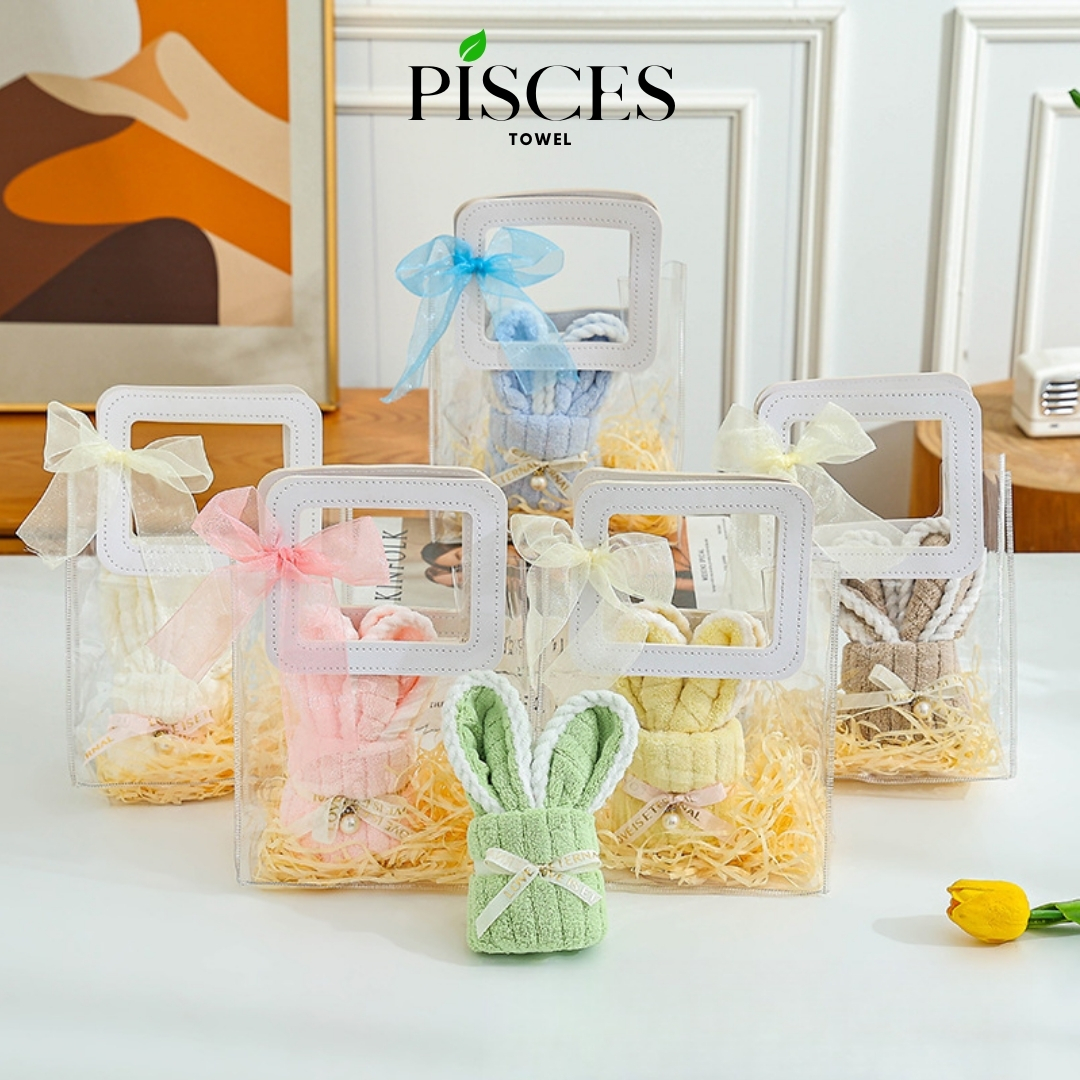 Khăn Mặt Hình Gấu Nơ Làm Quà Tặng PISCES TOWEL 25x50cm Cotton Mềm Mại, Khăn Làm Quà Tặng Bạn Gái