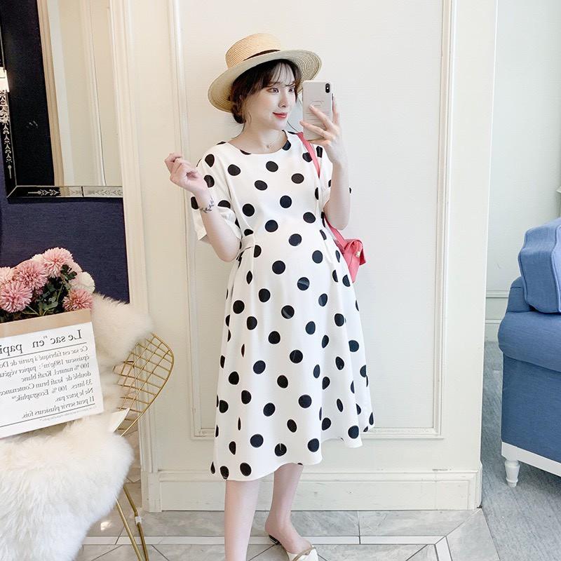 Váy Bầu chấm Bi kiểu dáng mới thời trang mặc đi làm đi chơi W116
