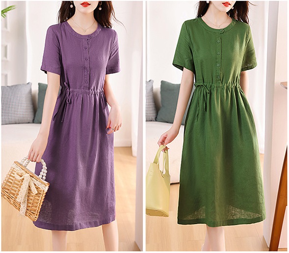 Đầm linen nữ trơn tay ngắn kết hợp phối cúc và rút eo , có nhiều màu dễ mặc đi chơi hay đi làm Da217