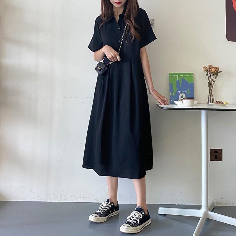 Đầm Dài Sơ mi Ngắn tay Màu trơn Form rộng Dáng chữ A Ulzzan Hàn Quốc Váy Dài Midi Kiểu Pháp Mùa Hè